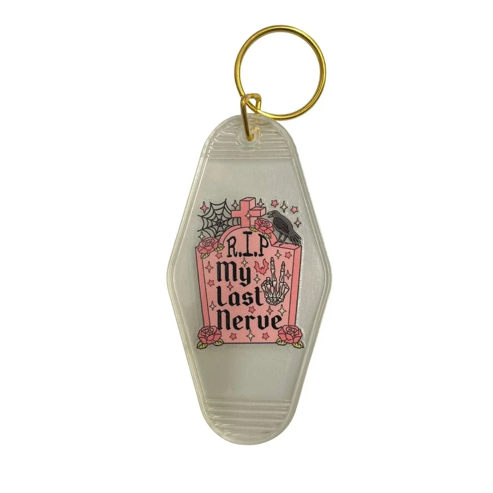 RIP My Last Nerve Motel Keychain Clear Acrylic Pink Gothic Tombstone Key Fob
